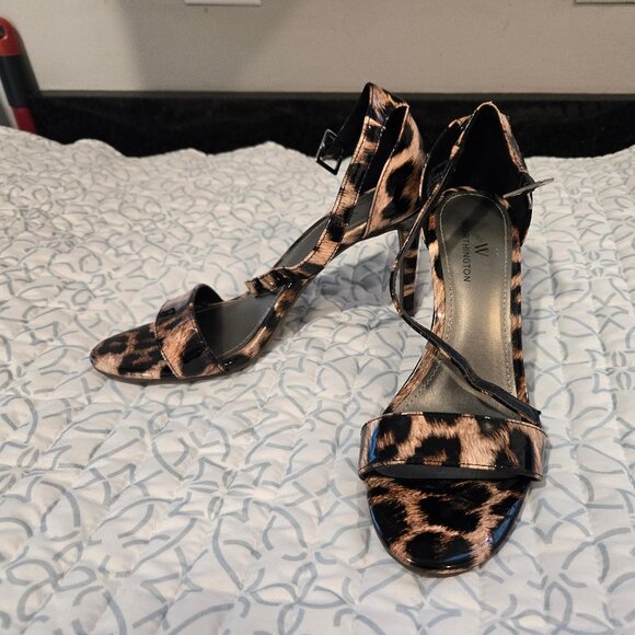 Worthington Patent Leopard Ankle Strap Sandal Heels - Picture 1 of 8